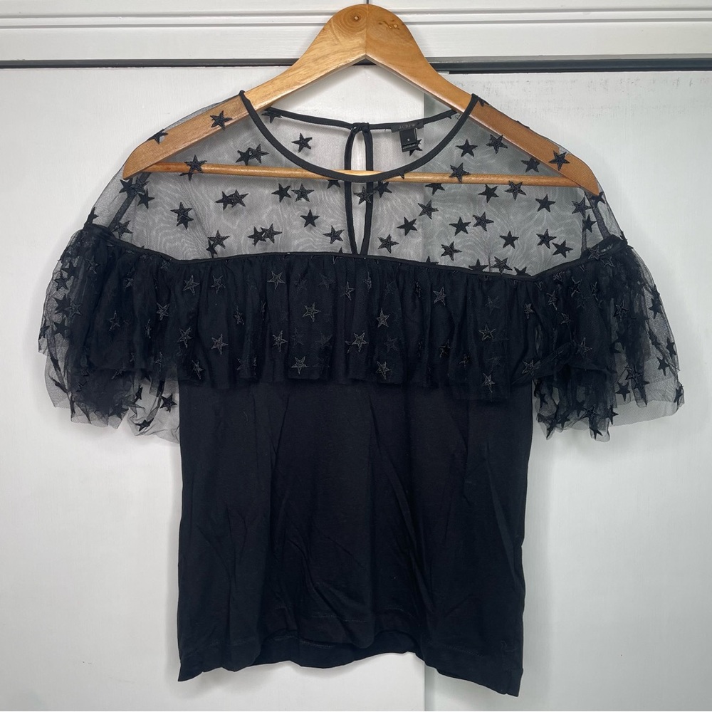 J. Crew Black Star Mesh Ruffle Top size small